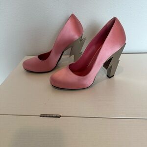 Prada Pink Satin Pumps with Sculpted Silver Lightning Heels